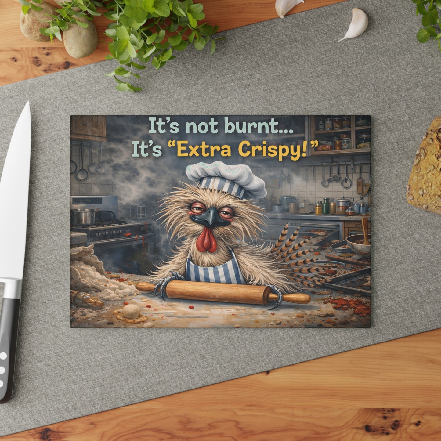 Extra Crispy Kitchen Humor Glass Cutting Board – Playful Baking Chicken Art Decor