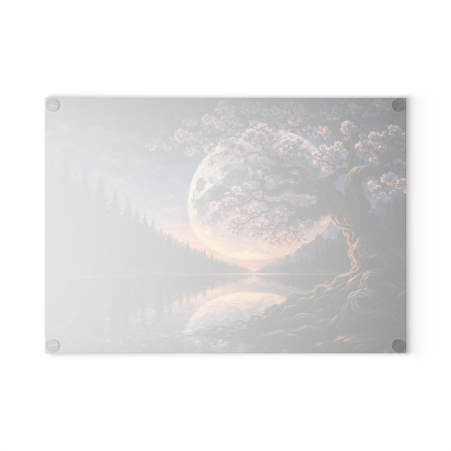 Moonlit Blossom Tree Glass Cutting Board – Dreamlike Night Landscape Art