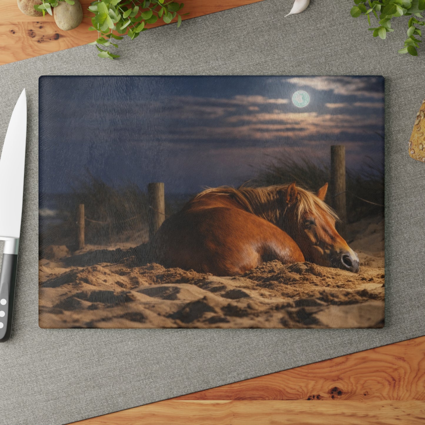 Peaceful Horse on Moonlit Beach Glass Cutting Board – Coastal Farmhouse Horse Lover Kitchen Decor
