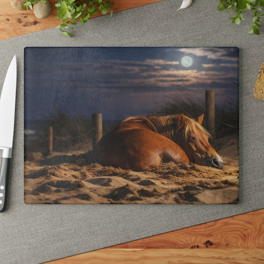 Peaceful Horse on Moonlit Beach Glass Cutting Board – Coastal Farmhouse Horse Lover Kitchen Decor
