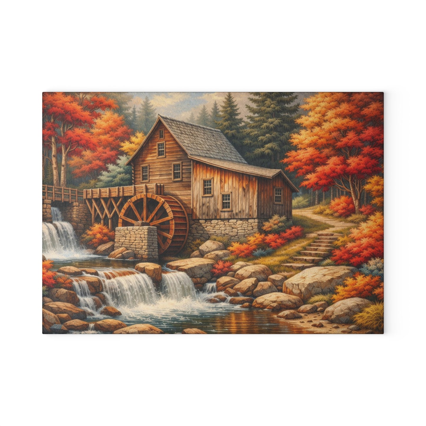 Autumn Watermill Cottage Glass Cutting Board – Rustic Fall Waterfall Kitchen Art