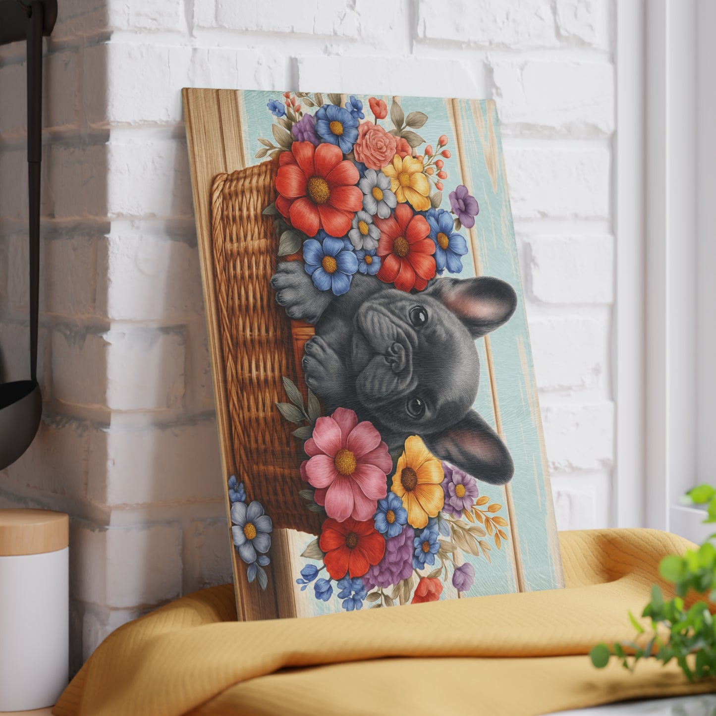 🐾 Gray French Bulldog in Bloom Basket Cutting Board – Frenchie Charm Meets Floral Elegance 🌸