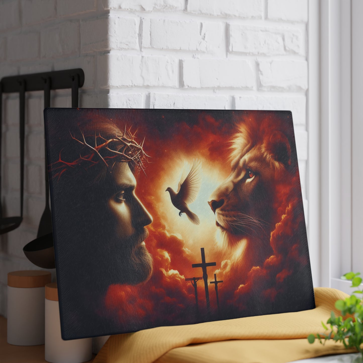 Sacred Light Glass Cutting Board – Faith-Inspired Lion, Dove & Cross Artwork Kitchen Display