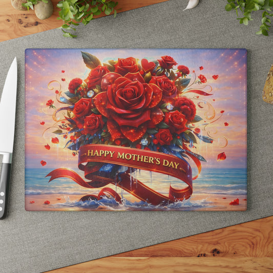 Happy Mothers Day Beach-Themed Glass Cutting Board – "Happy Mother’s Day" Ribbon with Roses, Glass cutting board, beach decor, coastal kitchen, Charcuterie Board, Custom cutting board, Flowers
