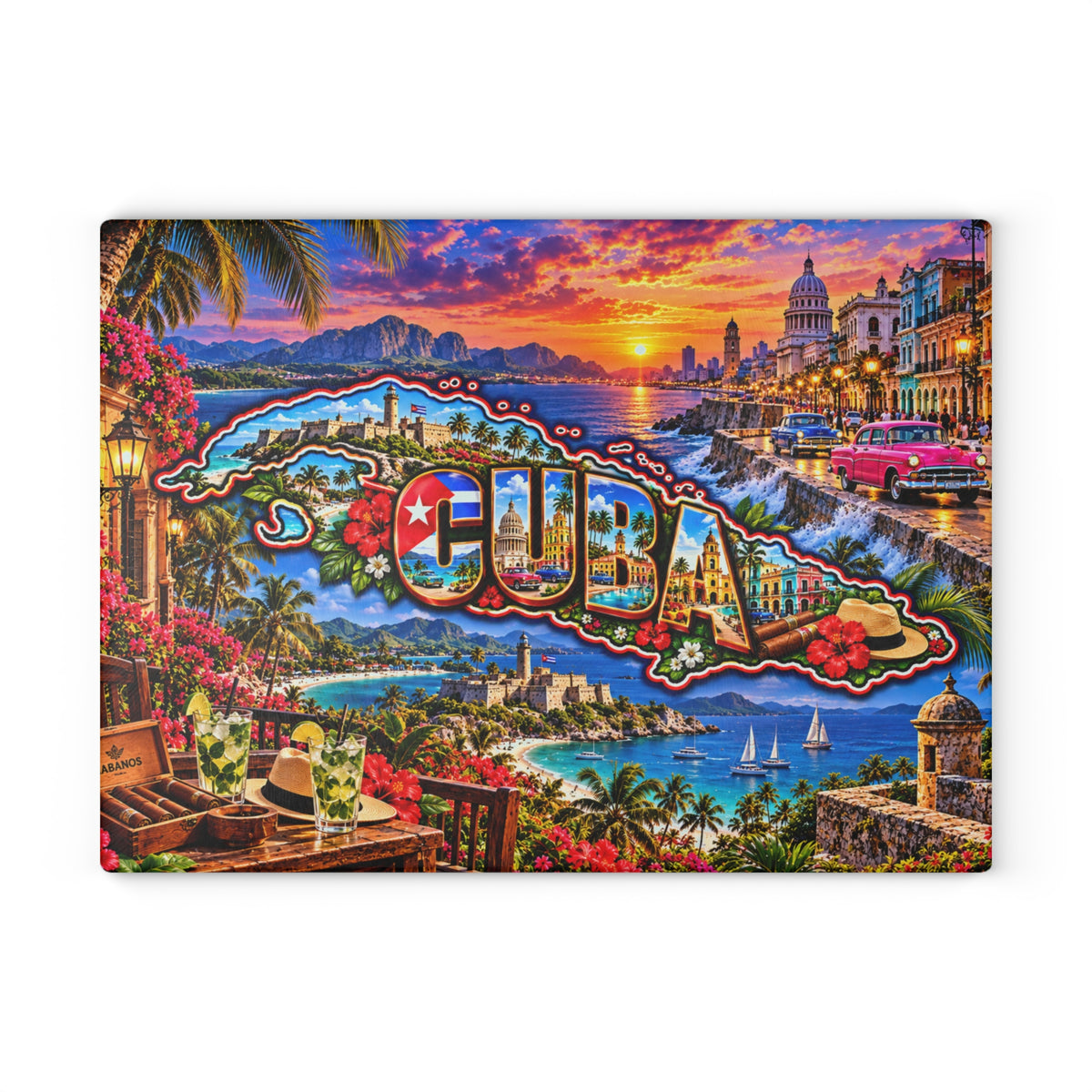 Cuba Map Cutting Board – Colorful Havana Landmarks, Classic Cars, Tropical Beaches, Cuban Flag & Caribbean Kitchen Décor