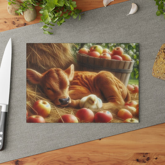 Tabla de cortar con diseño de vaca y pollito en heno con manzanas, regalo único, tabla de cortar de vidrio, tabla de charcutería, tabla de cortar personalizada