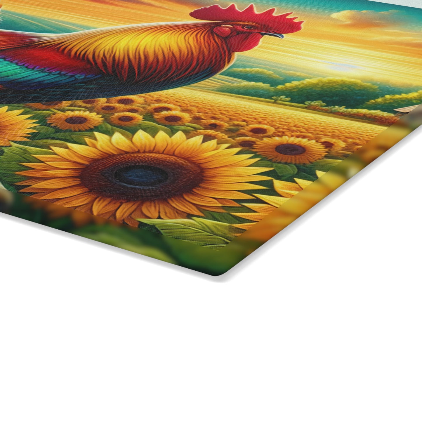 🐓🌻 Rooster on a Rock Glass Cutting Board – Bold Barnyard Charm in a Sunflower Field 🌾🌞