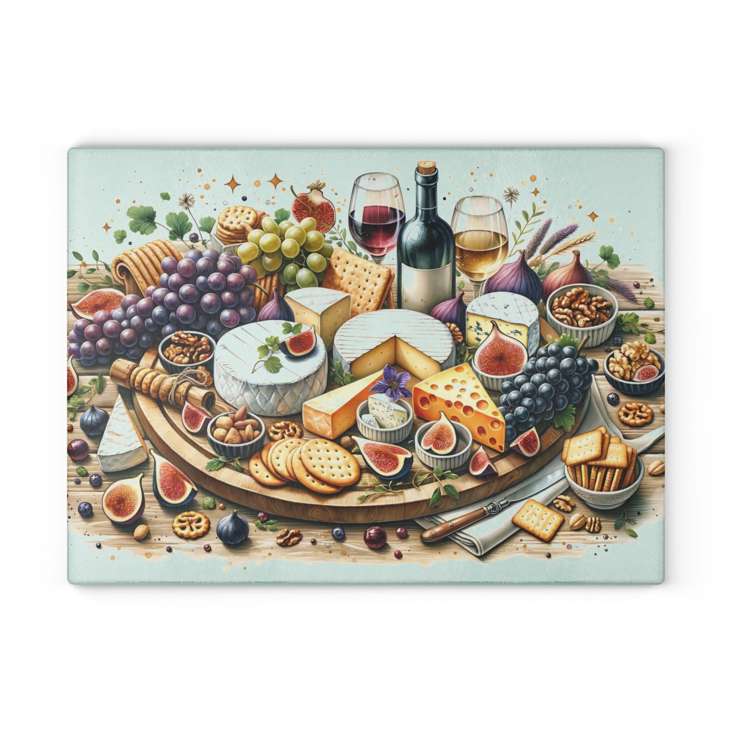 🍷🧀 “Gourmet Spread & Sparkle” Glass Cutting Board – Cozy Charm for Your Kitchen