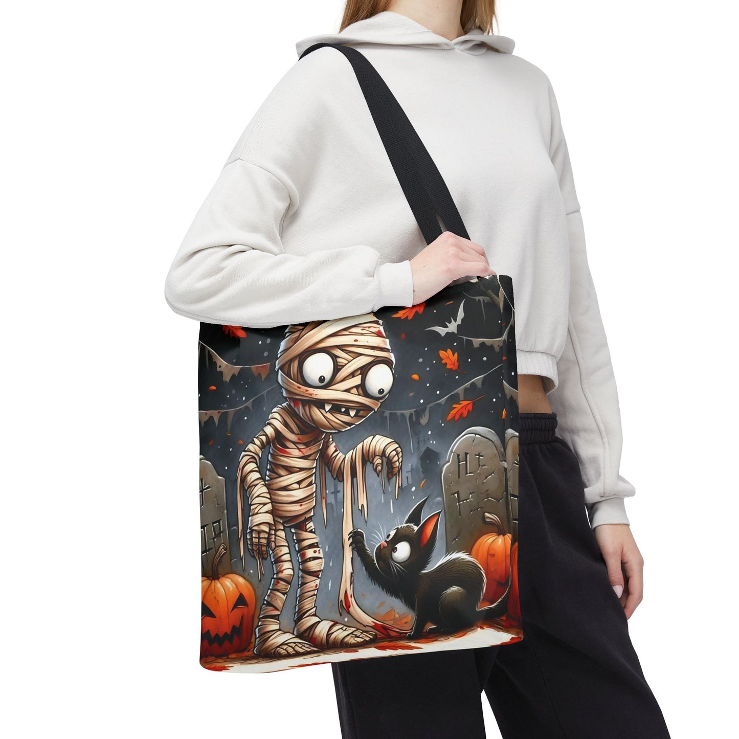 🎃 Mummy & Black Cat Halloween Tote Bag – Spooky Cute & Perfect for Trick-or-Treating 🖤🛍️