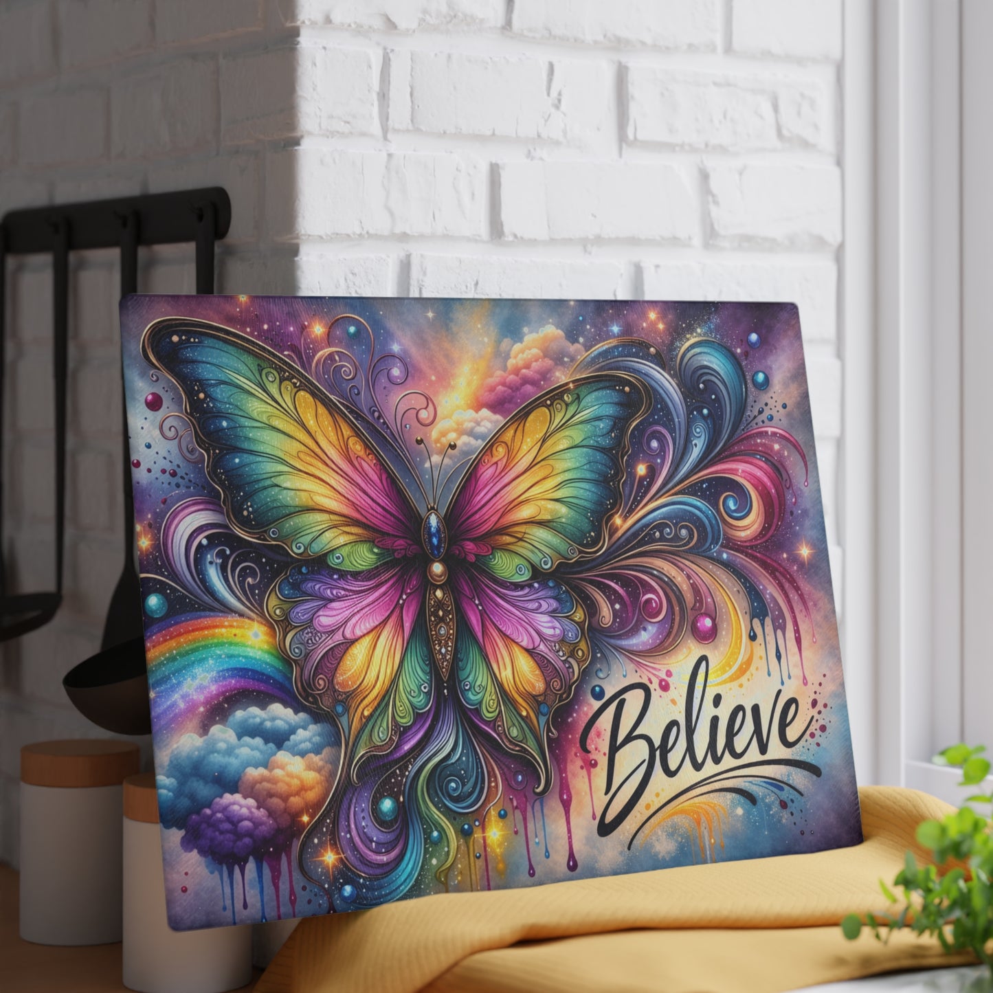 Believe Butterfly Glass Cutting Board – Rainbow Butterfly Inspirational Kitchen Art