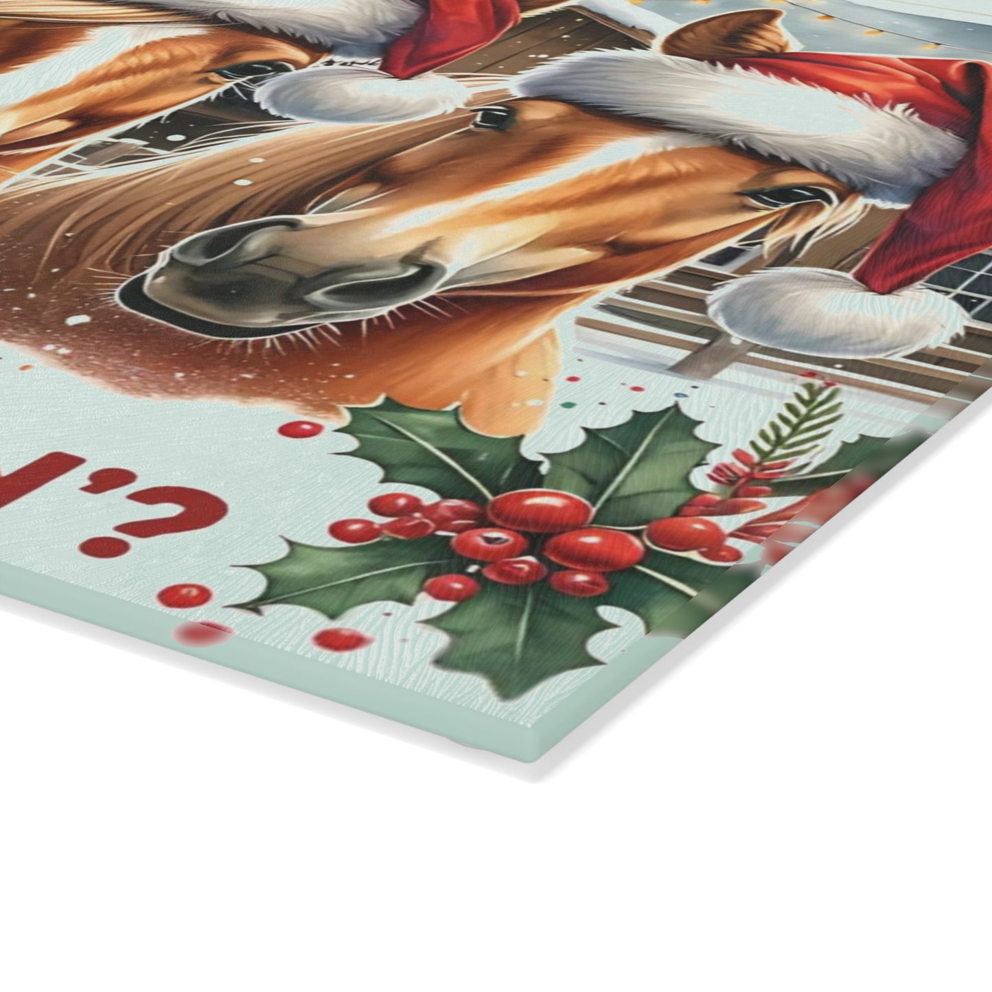 🐴🎄 “Whatcha Makin’?” Holiday Horses Glass Cutting Board – Cozy Charm for Your Kitchen