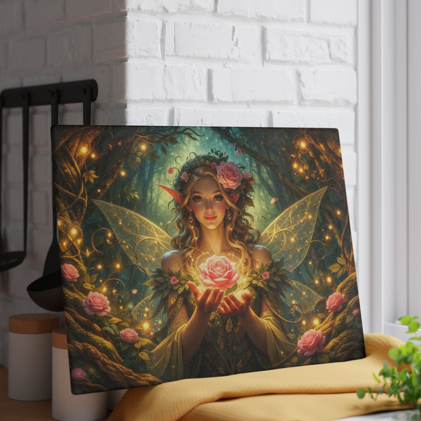 Enchanted Forest Fairy Glass Cutting Board – Magical Rose Fantasy Art Kitchen Decor