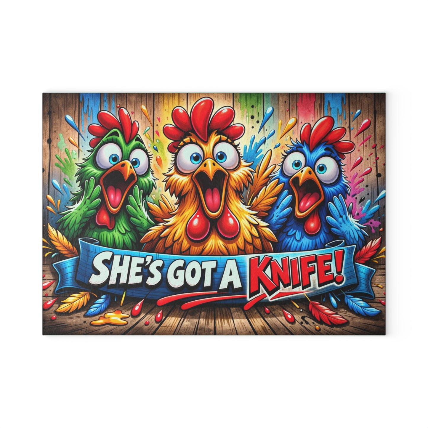 She’s Got a Knife! Glass Cutting Board – Loud Color Chicken Farmhouse Artwork