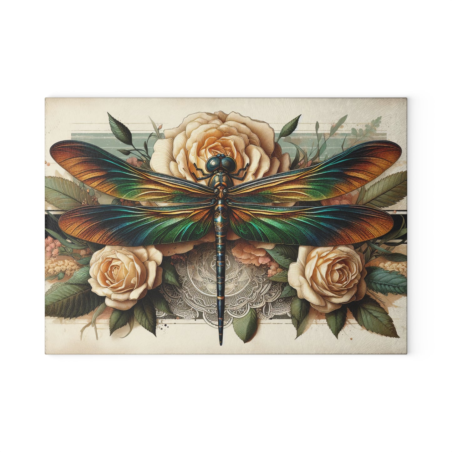 Vintage Dragonfly & Rose Cutting Board – Elegant Botanical Art