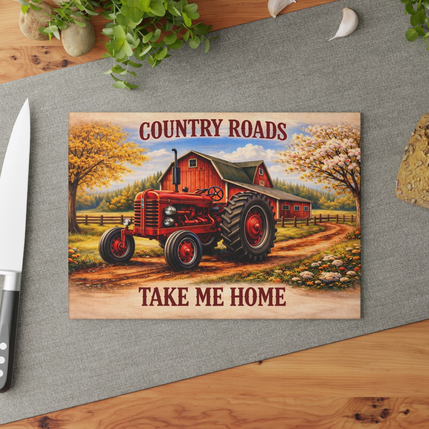 Country Roads Tractor Glass Cutting Board – Rustic Farmhouse Charm for Your Kitchen