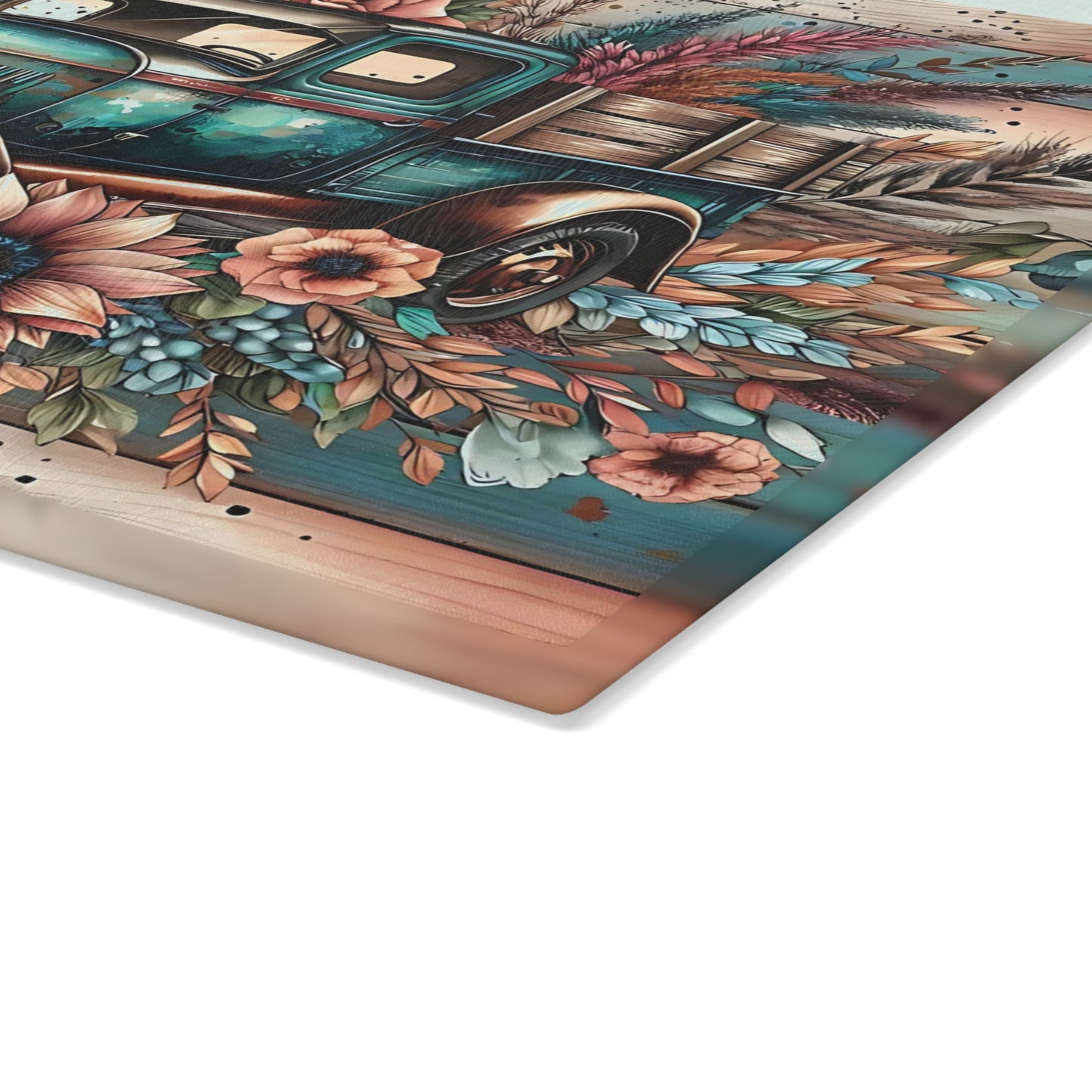 🚜🌸 Vintage Teal Farm Truck Cutting Board – Rustic Charm with Floral Elegance 🌻🌿