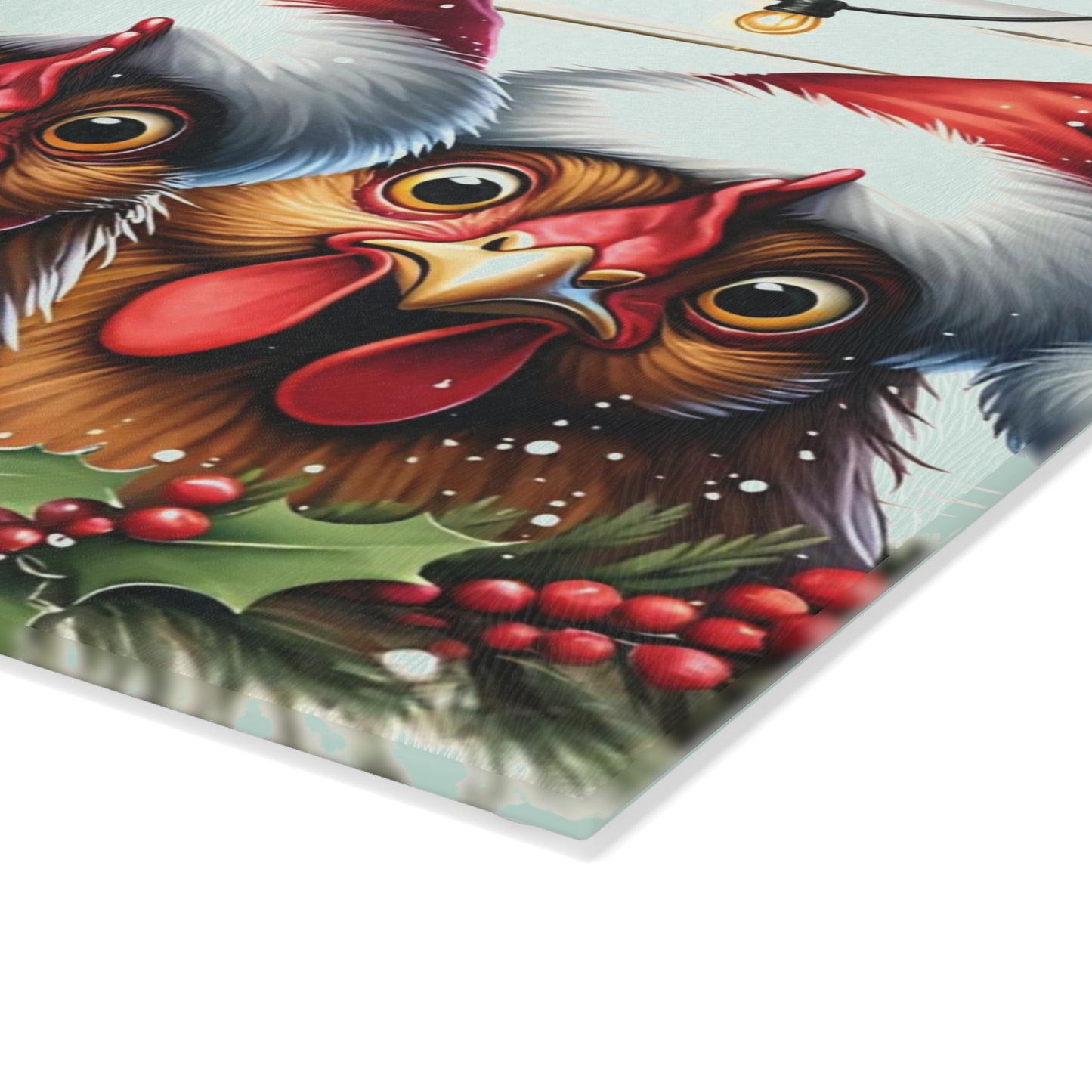🐔🎄 “Santa Hat Chickens – Whatcha Makin’?” Glass Cutting Board – Cozy Charm for Your Kitchen