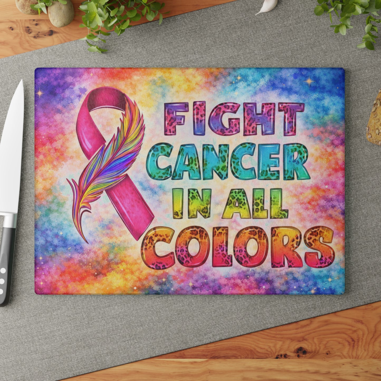 Fight Cancer in All Colors Glass Cutting Board – Rainbow Awareness Ribbon Strength Design