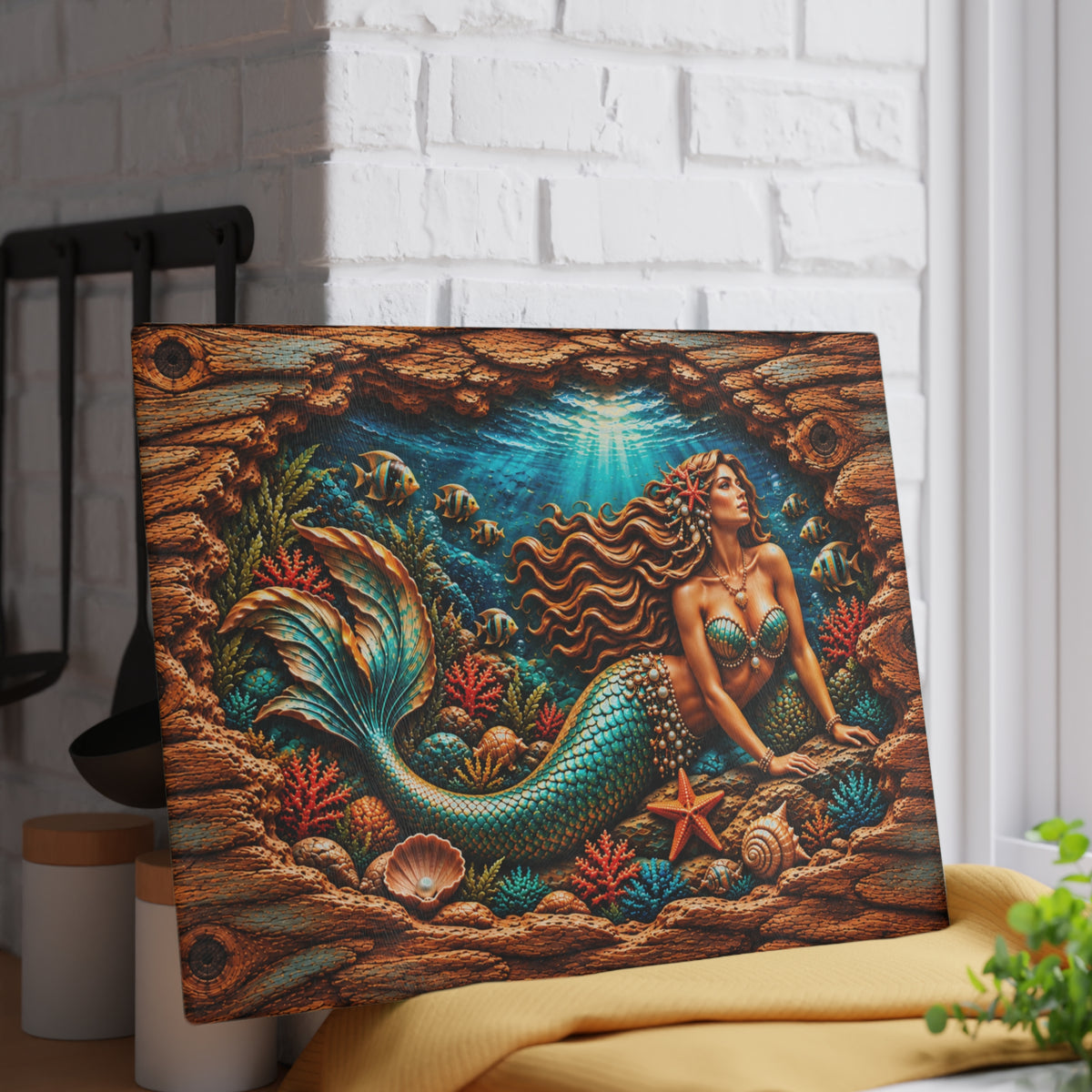 Enchanted Mermaid Glass Cutting Board – Turquoise Tail, Tropical Fish, Coral Reef & 3D Carved Wood Look