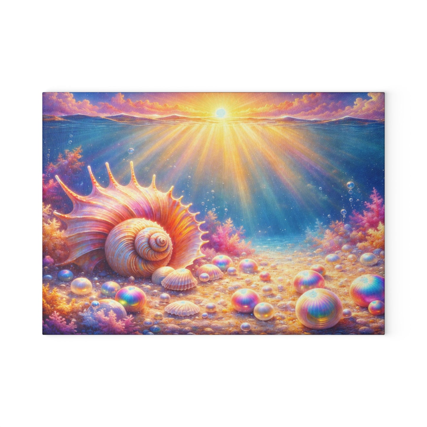 Ocean Sunrise Seashell Glass Cutting Board – Colorful Coastal Kitchen Art