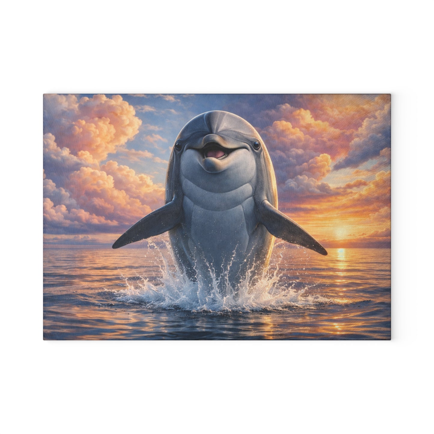 Joyful Dolphin Sunrise Glass Cutting Board – Uplifting Ocean Artwork