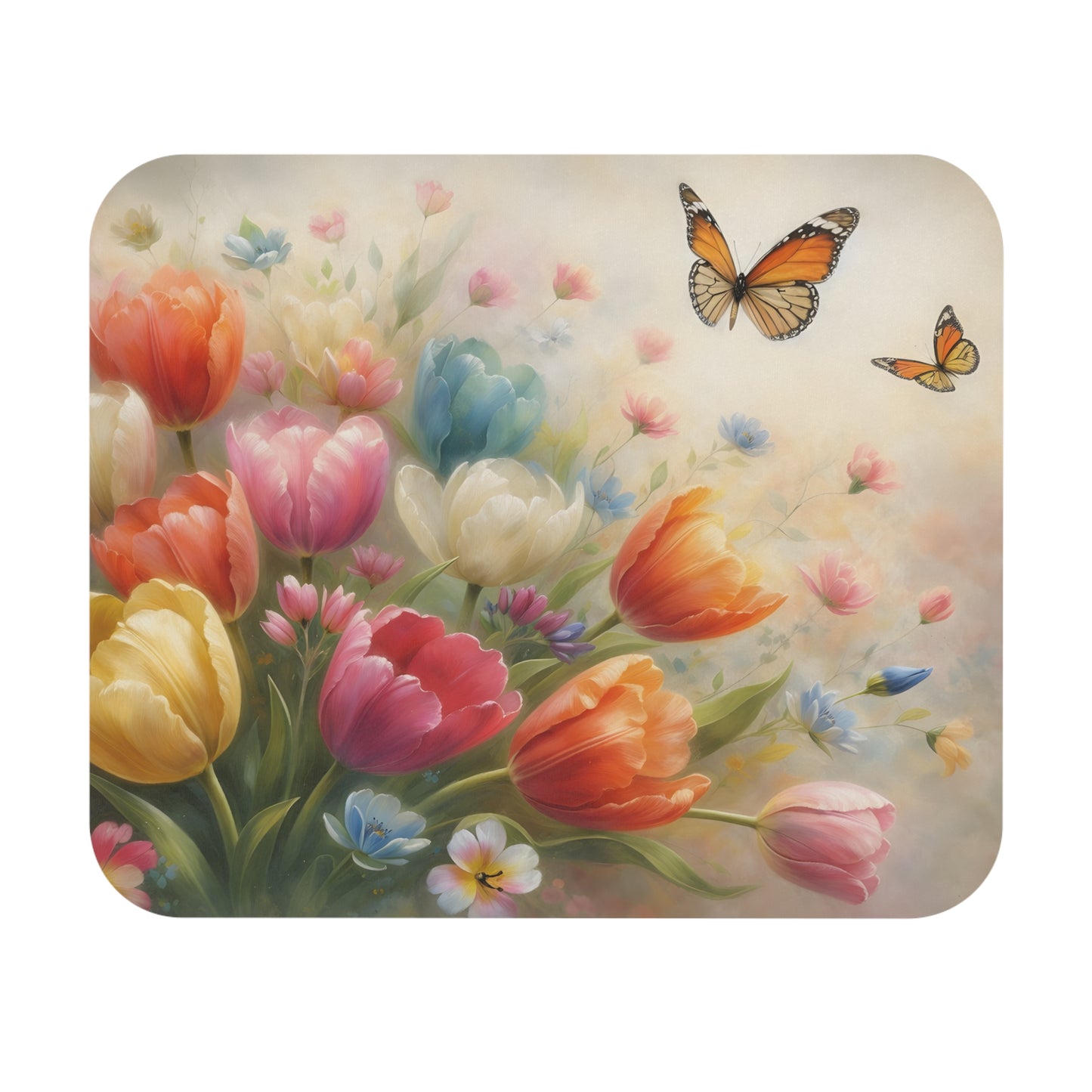 Butterfly & Tulip Floral Mouse Pad – Elegant Spring Garden Desk Accessory