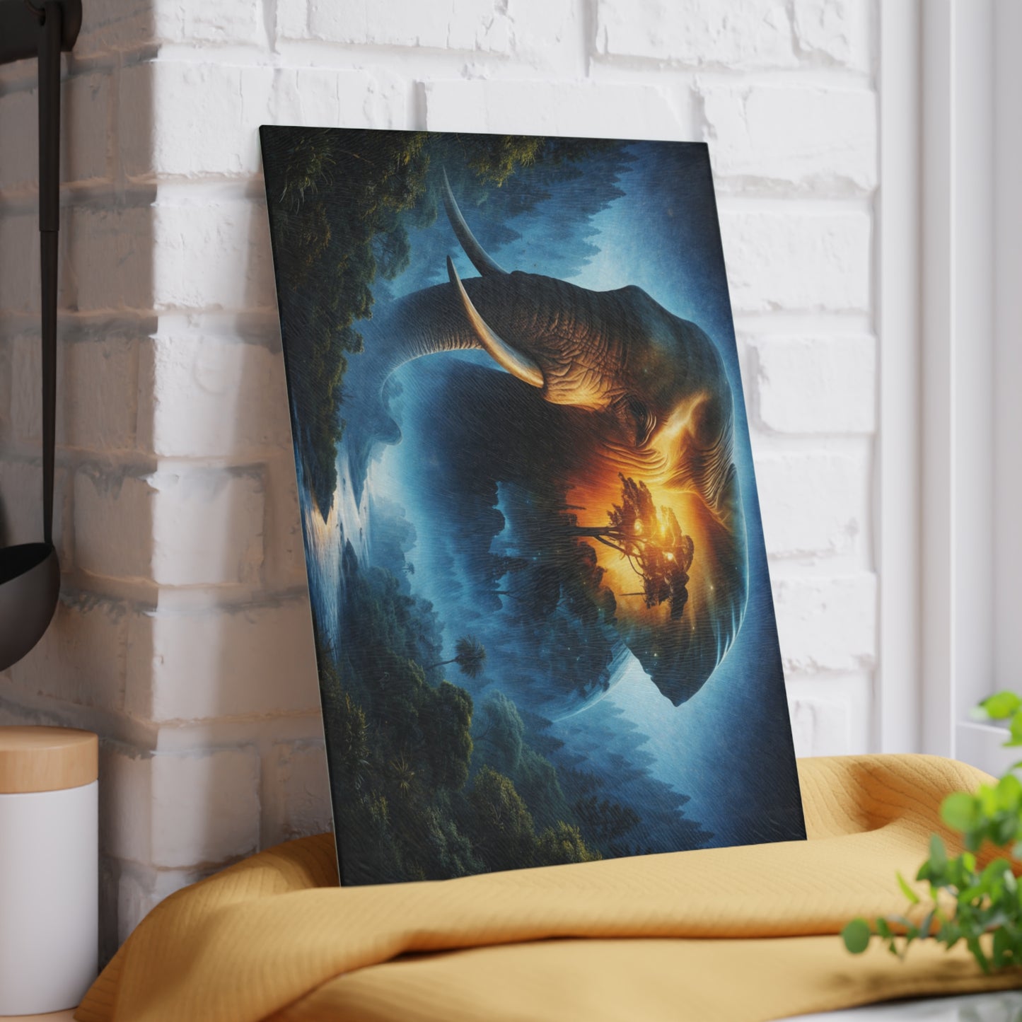 Cosmic Elephant Spirit Forest Glass Cutting Board – Mystical Wildlife Nature Kitchen Art