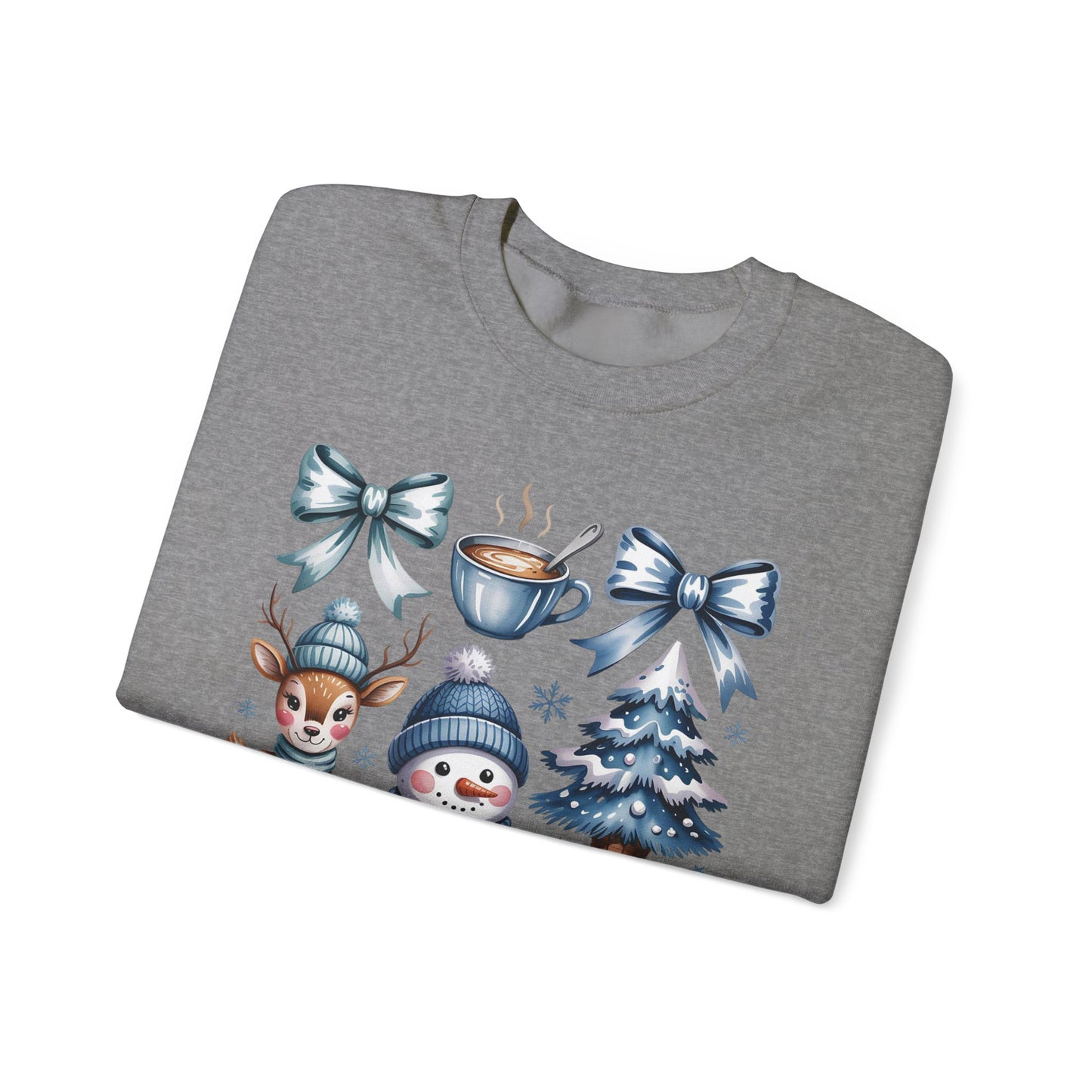 ❄️💙 Cozy Winter Vibes Crewneck – Reindeer, Snowman, Cocoa & Bows