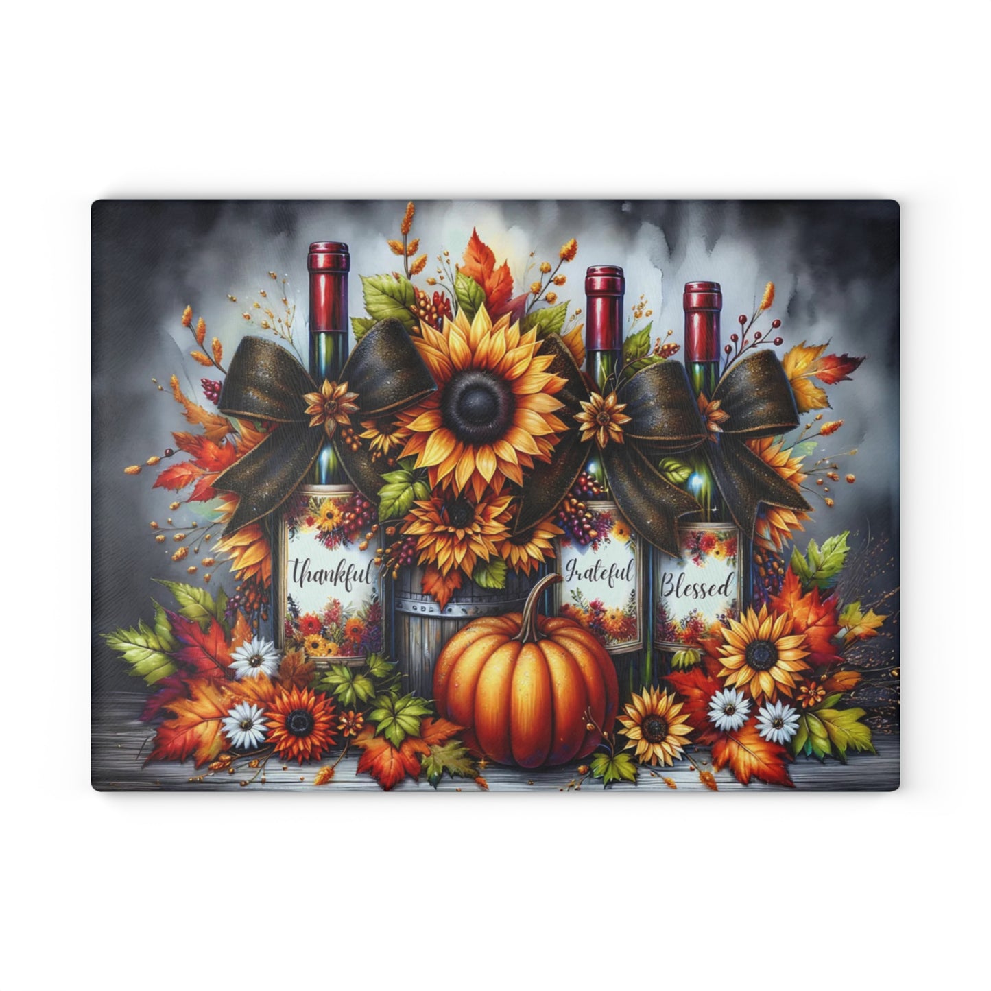 🍂🍷 “Thankful • Grateful • Blessed” Sunflower Wine Trio – Glass Cutting Board