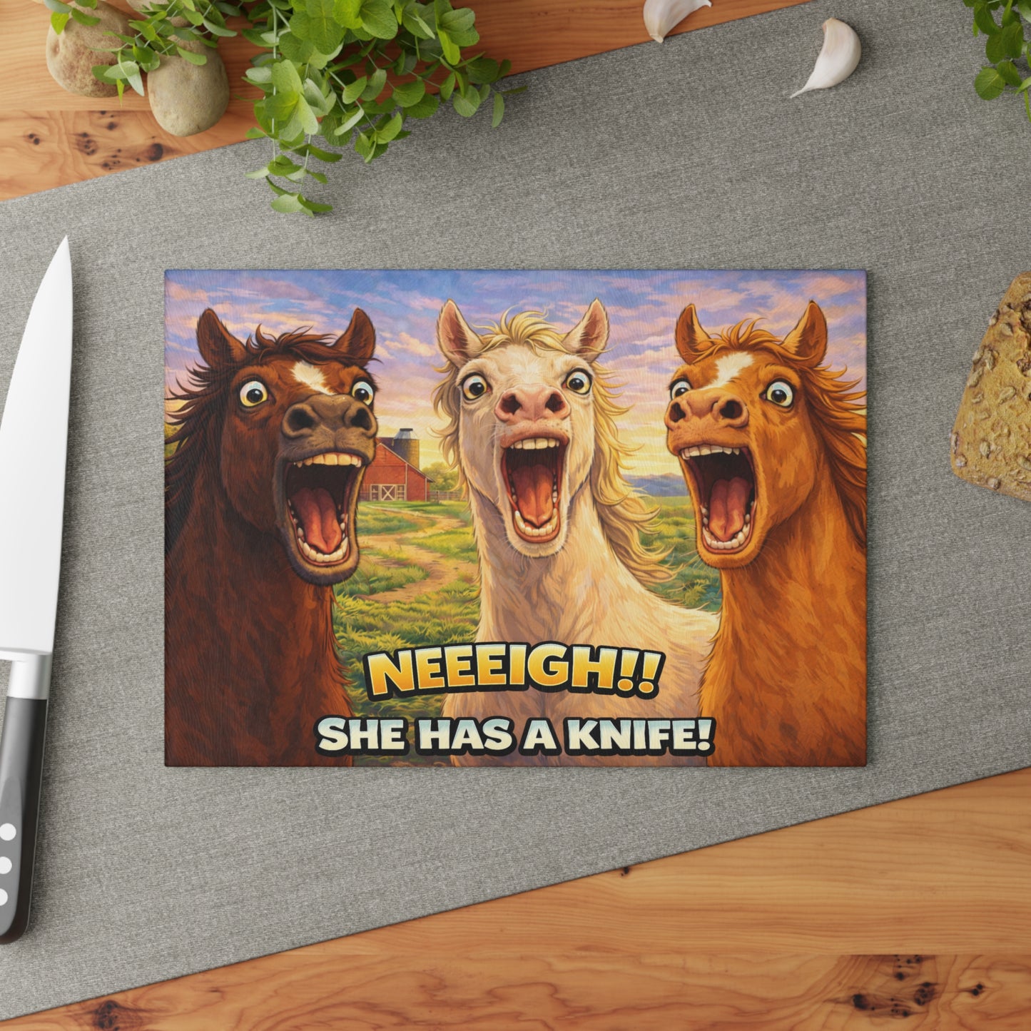 Funny Horse Glass Cutting Board – Whimsical Farm Humor Kitchen Display