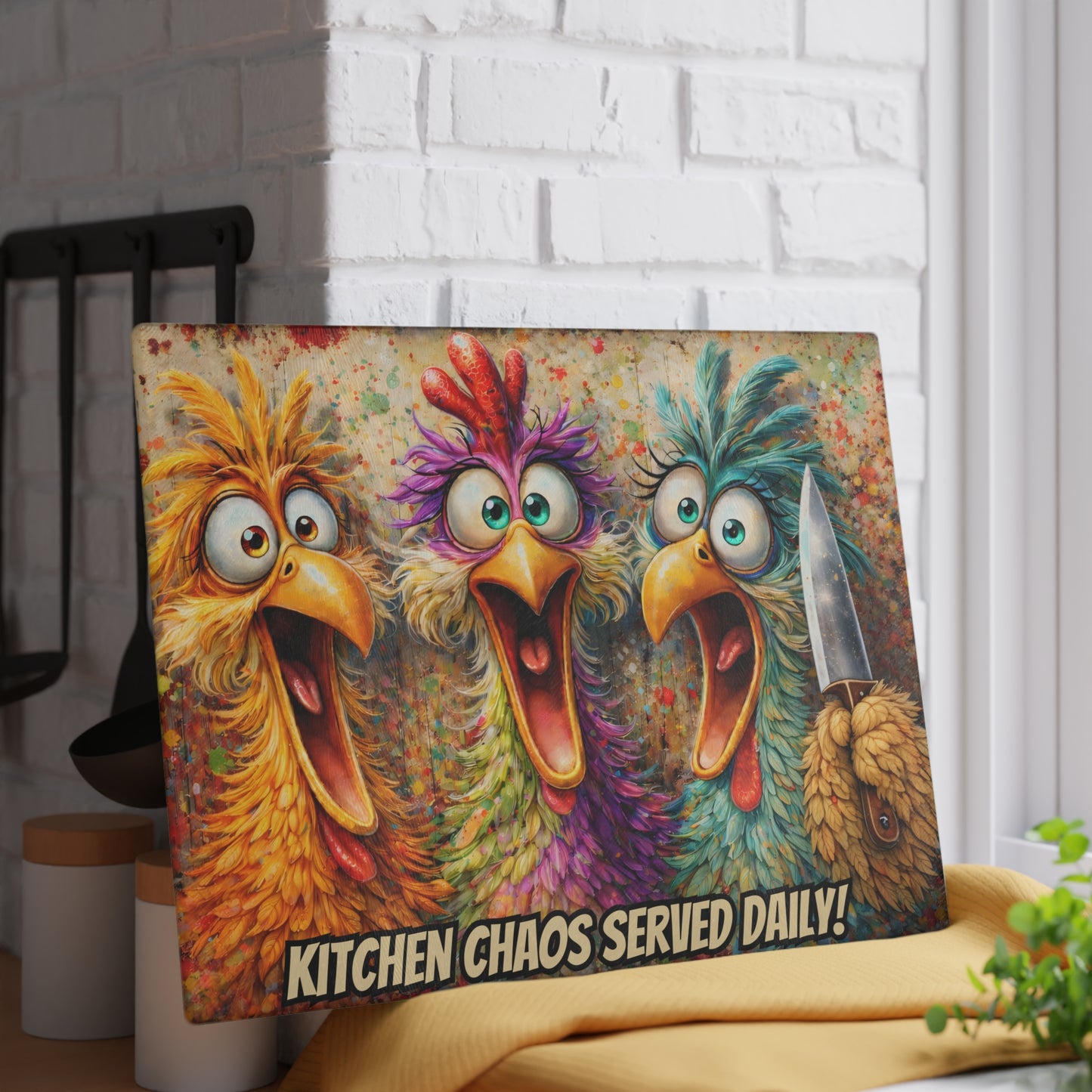 Kitchen Chaos Served Daily Glass Cutting Board – Colorful Chicken Kitchen Humor