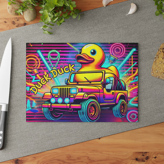 Tabla de cortar de vidrio con diseño de jeep neón y patito de goma: decoración todoterreno vibrante para la cocina, tabla de cortar para jeep, jeep neón, jeep con patito de goma