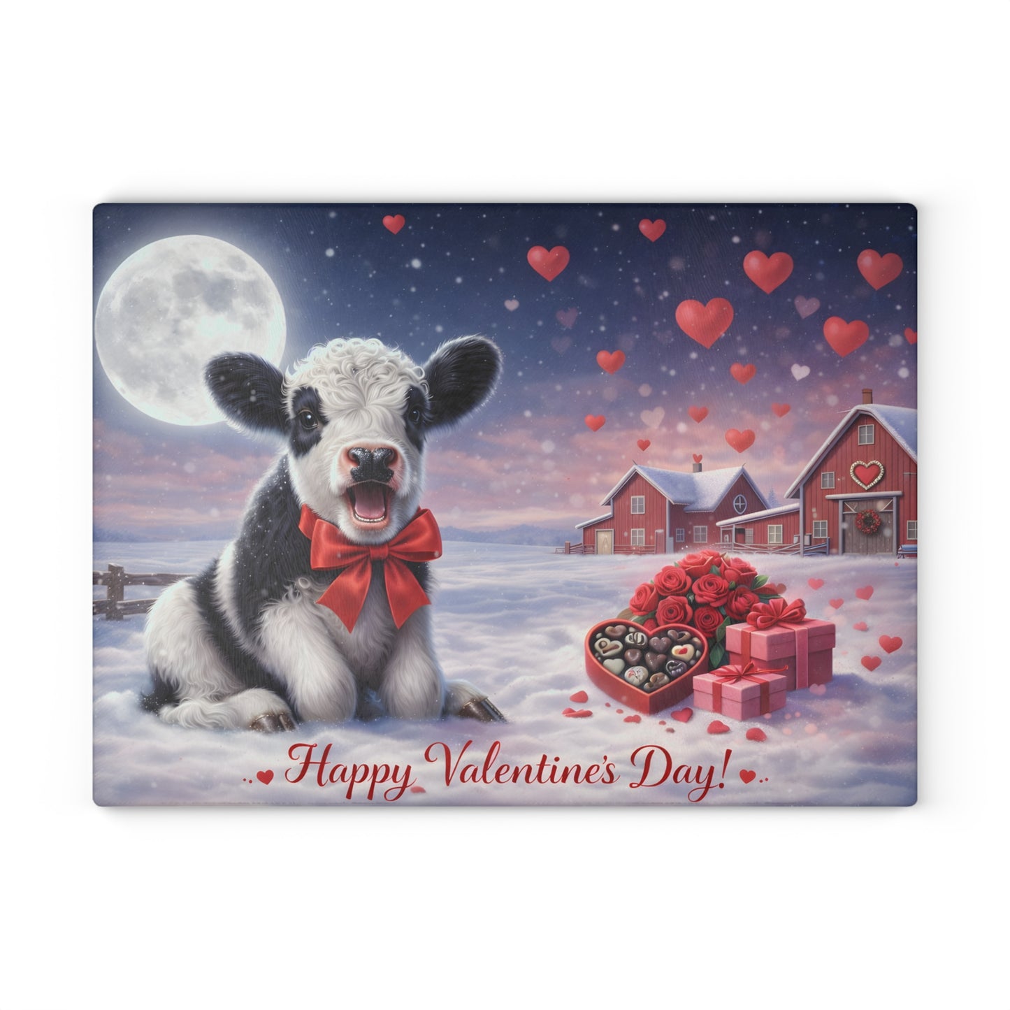Valentine Calf Moonlight Farm Glass Cutting Board – Cozy Winter Farm Love Scene Kitchen Accent