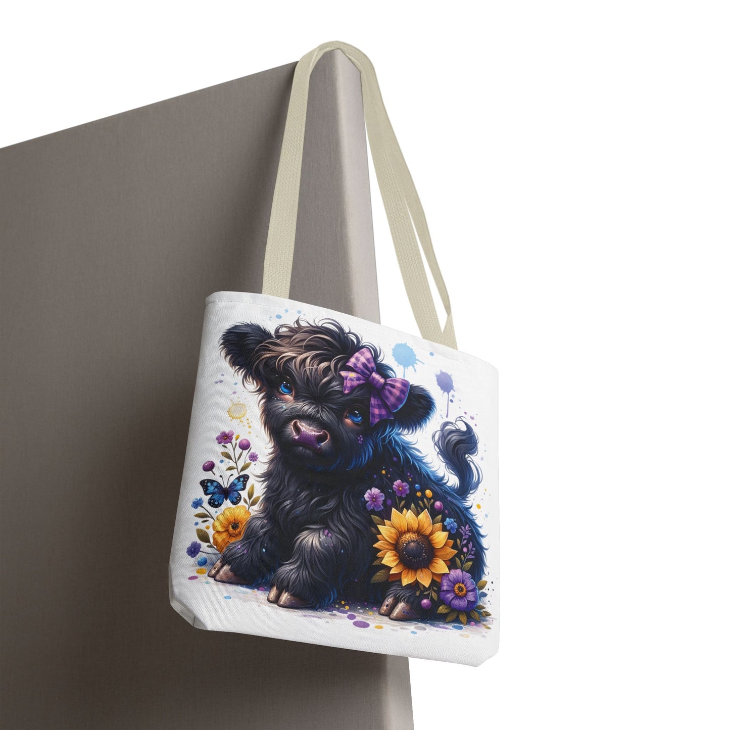 💜 Purple Bow Black Highland Calf Tote Bag – Country Charm with a Pop of Color 🐮👜