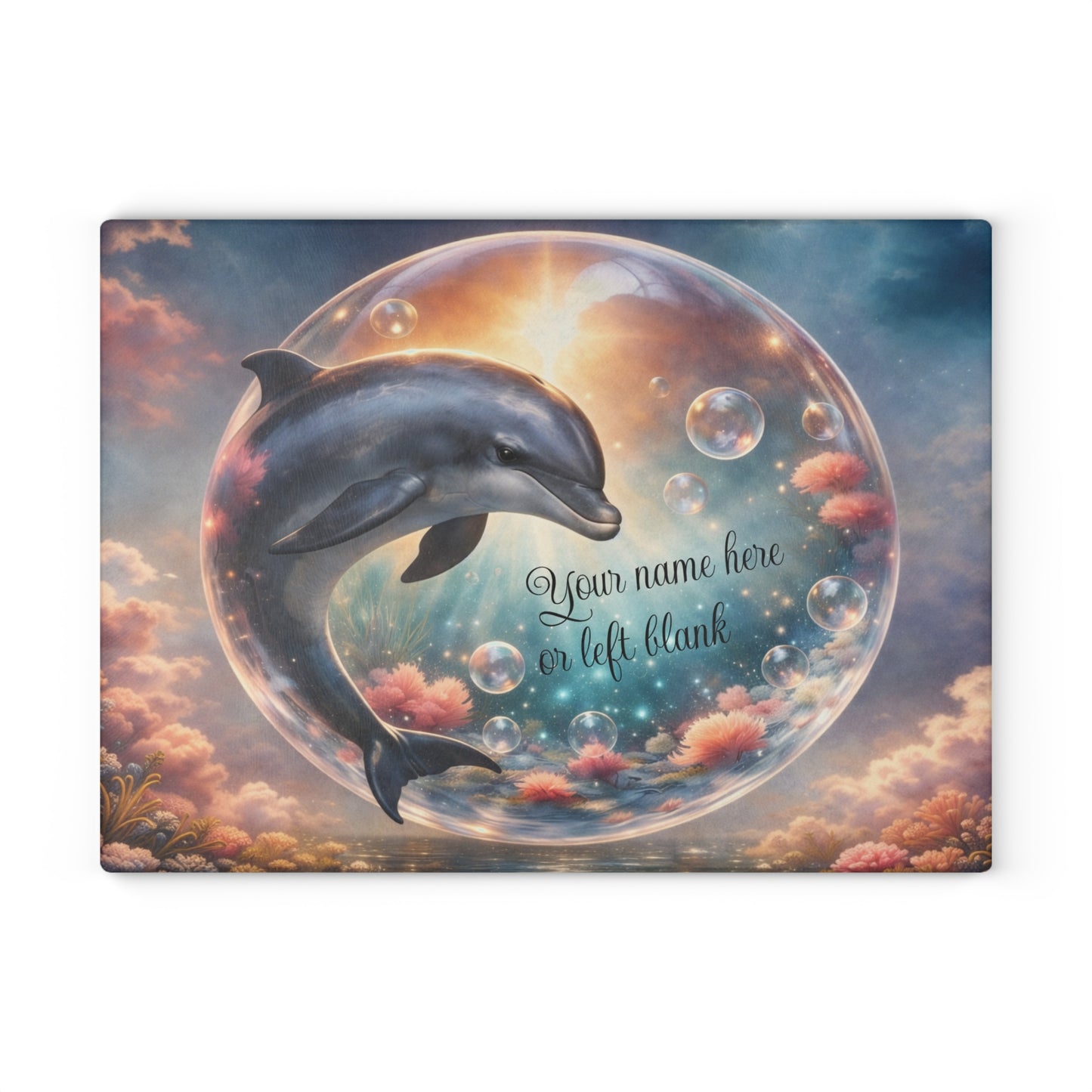 Dolphin Ocean Dream Glass Cutting Board – Personalized Coastal Kitchen Decor with Bubbles and Coral Reef Design