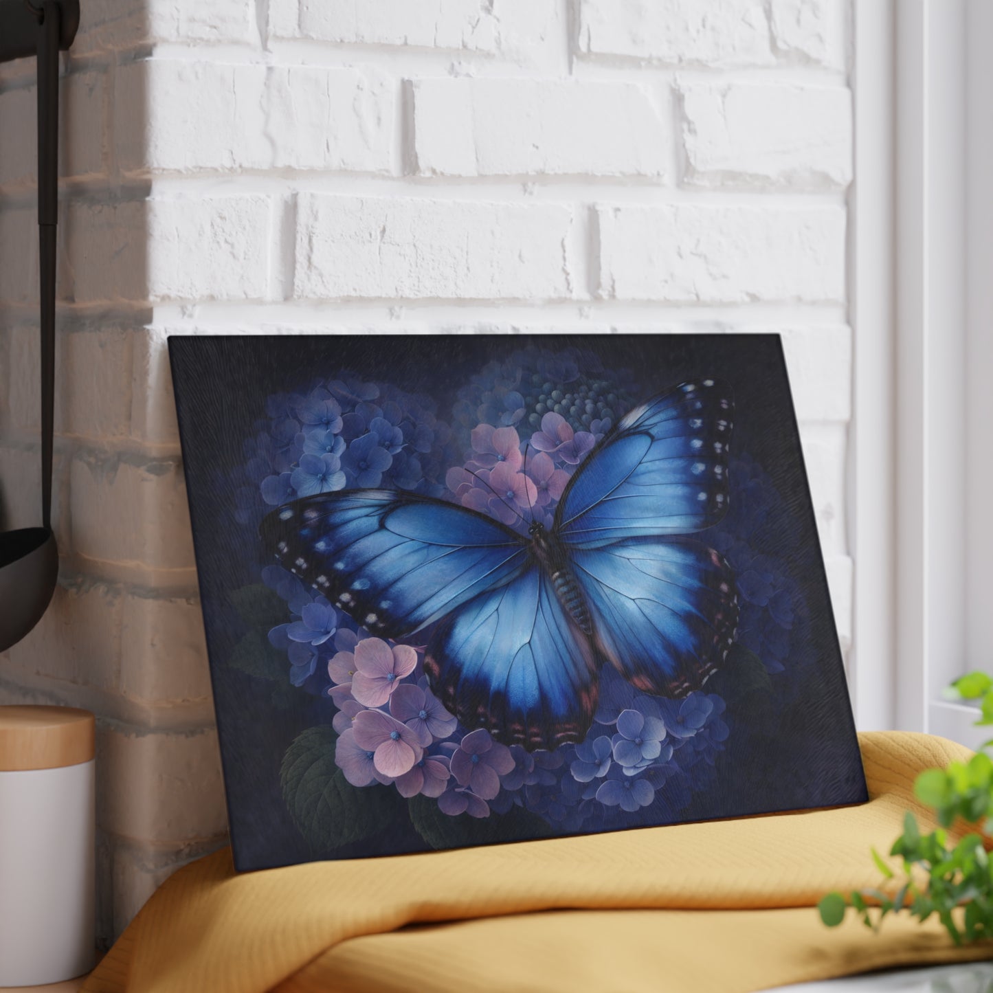 Blue Butterfly & Hydrangea Glass Cutting Board – Elegant Floral Butterfly Kitchen Art