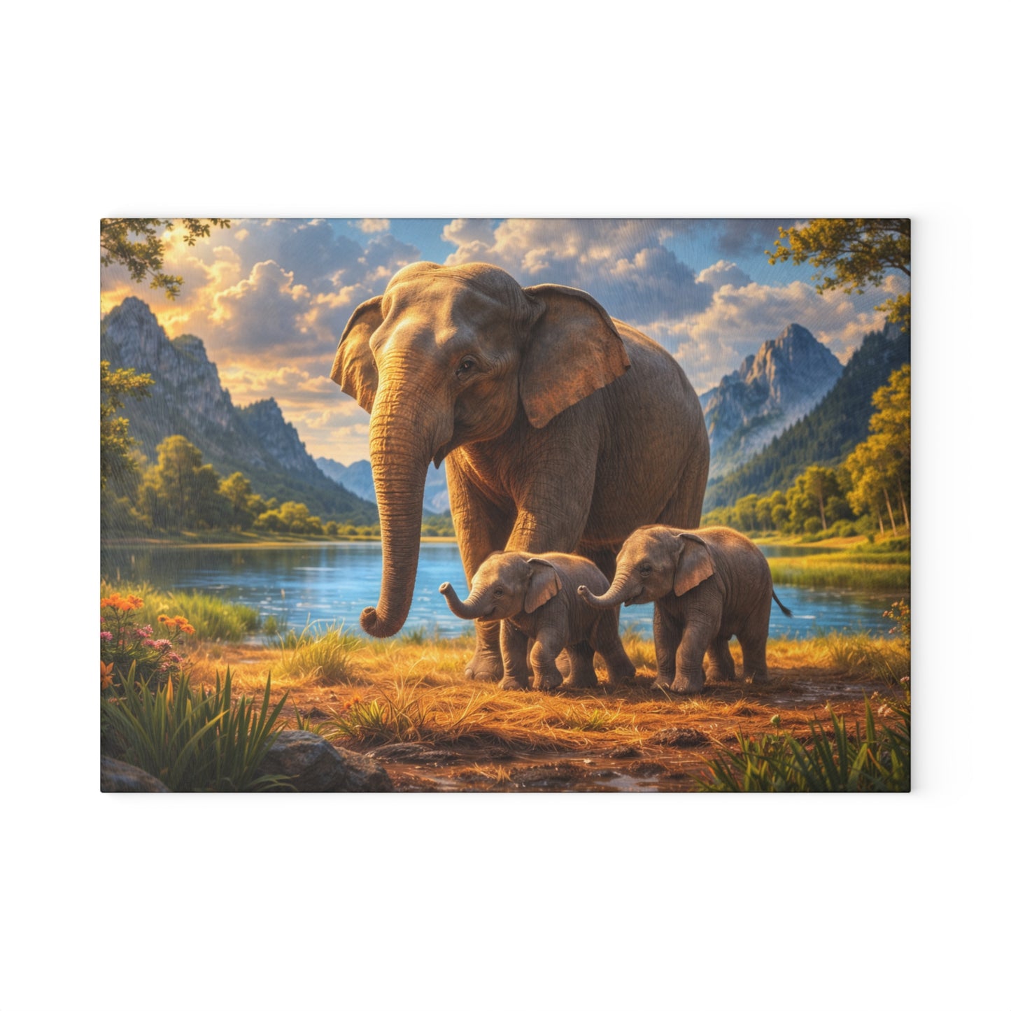 Mother Elephant with Calves Glass Cutting Board – Peaceful Wildlife Family Kitchen Art