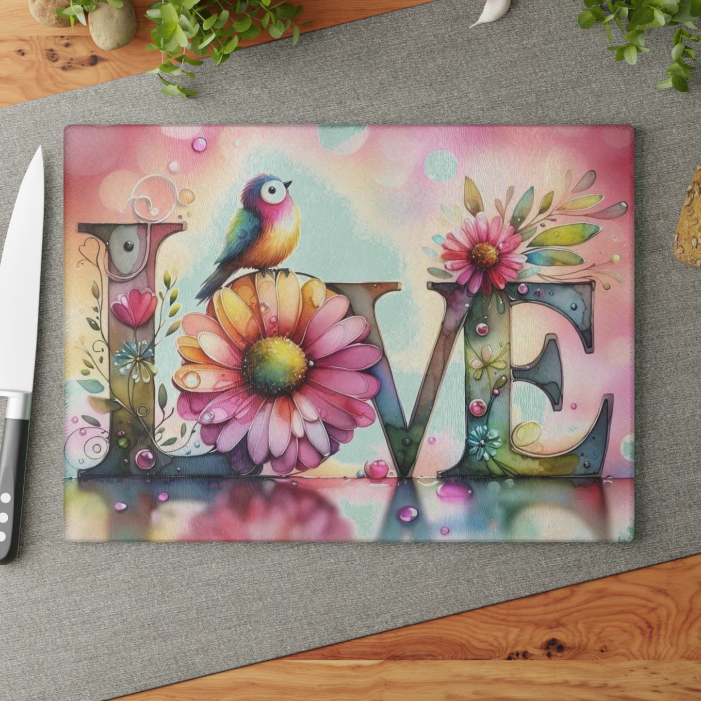 Tabla de cortar, diseño de amor con pájaros y girasoles, decoración de cocina, bandeja de vidrio para servir, regalo de inauguración de la casa, utensilio de cocina