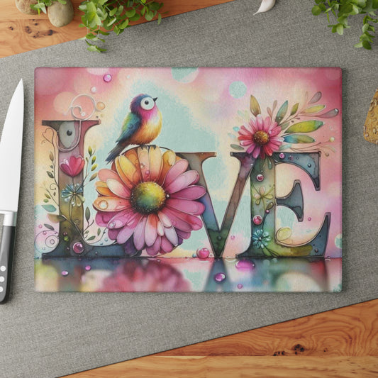 Tabla de cortar, diseño de amor con pájaros y girasoles, decoración de cocina, bandeja de vidrio para servir, regalo de inauguración de la casa, utensilio de cocina