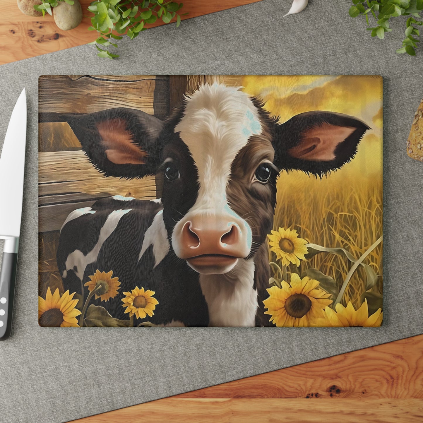 🐮🌻 Sunflower Calf Cutting Board – Rustic Farmhouse Beauty for Your Kitchen 🌾☀️