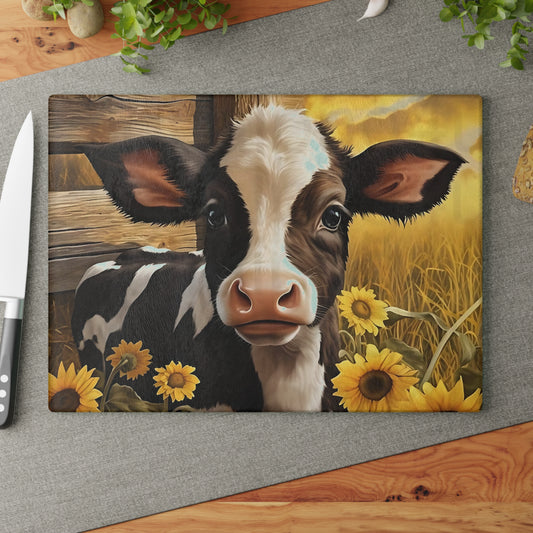 🐮🌻 Sunflower Calf Cutting Board – Rustic Farmhouse Beauty for Your Kitchen 🌾☀️