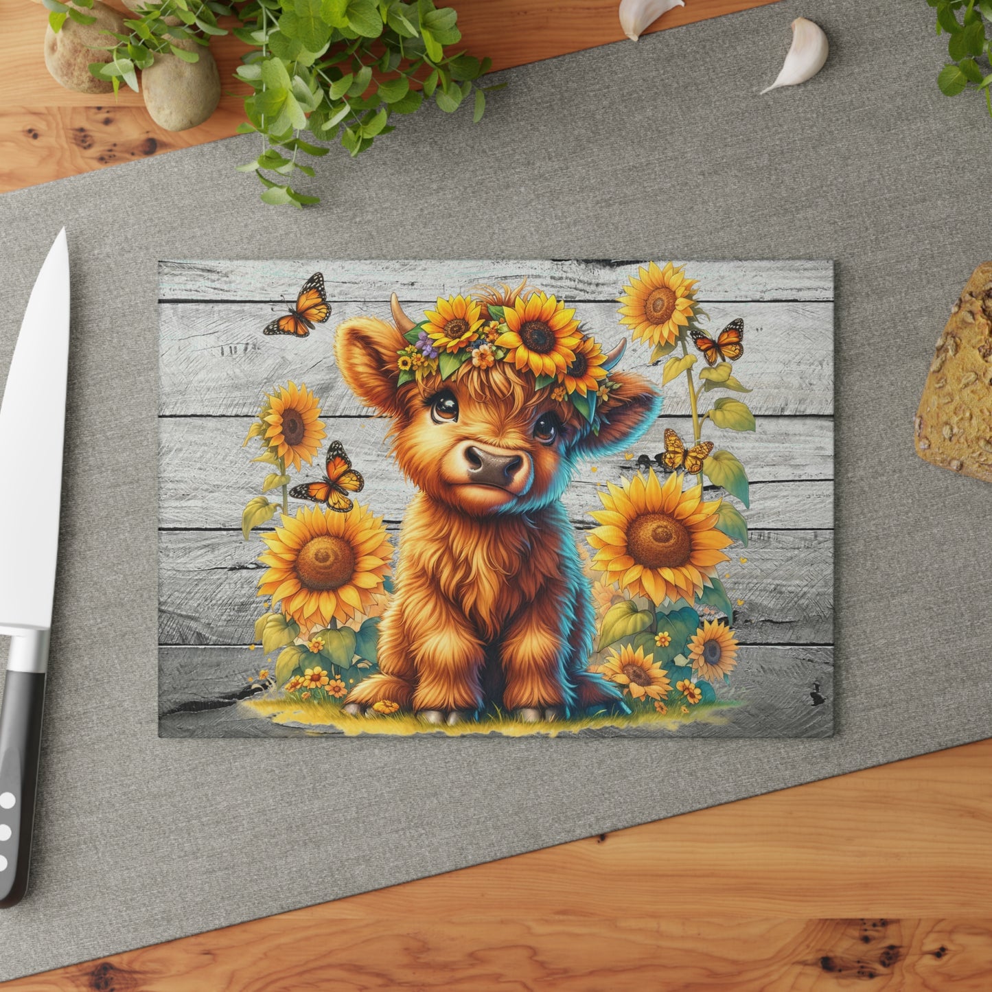 Highland Cow with Sunflowers & Butterflies – Rustic Floral Glass Cutting Board