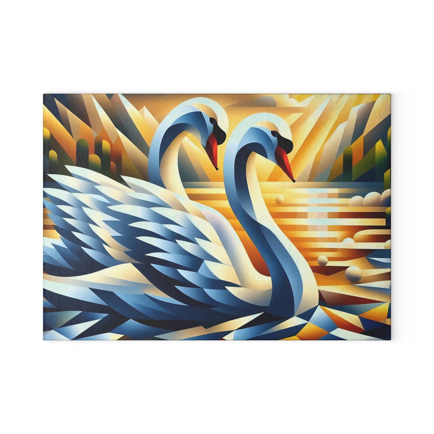 Two Cubist Swans Glass Cutting Board – Artistic River Scene