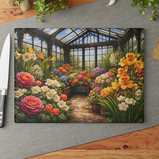Sunlit Garden Conservatory Glass Cutting Board – Floral Greenhouse Kitchen Décor