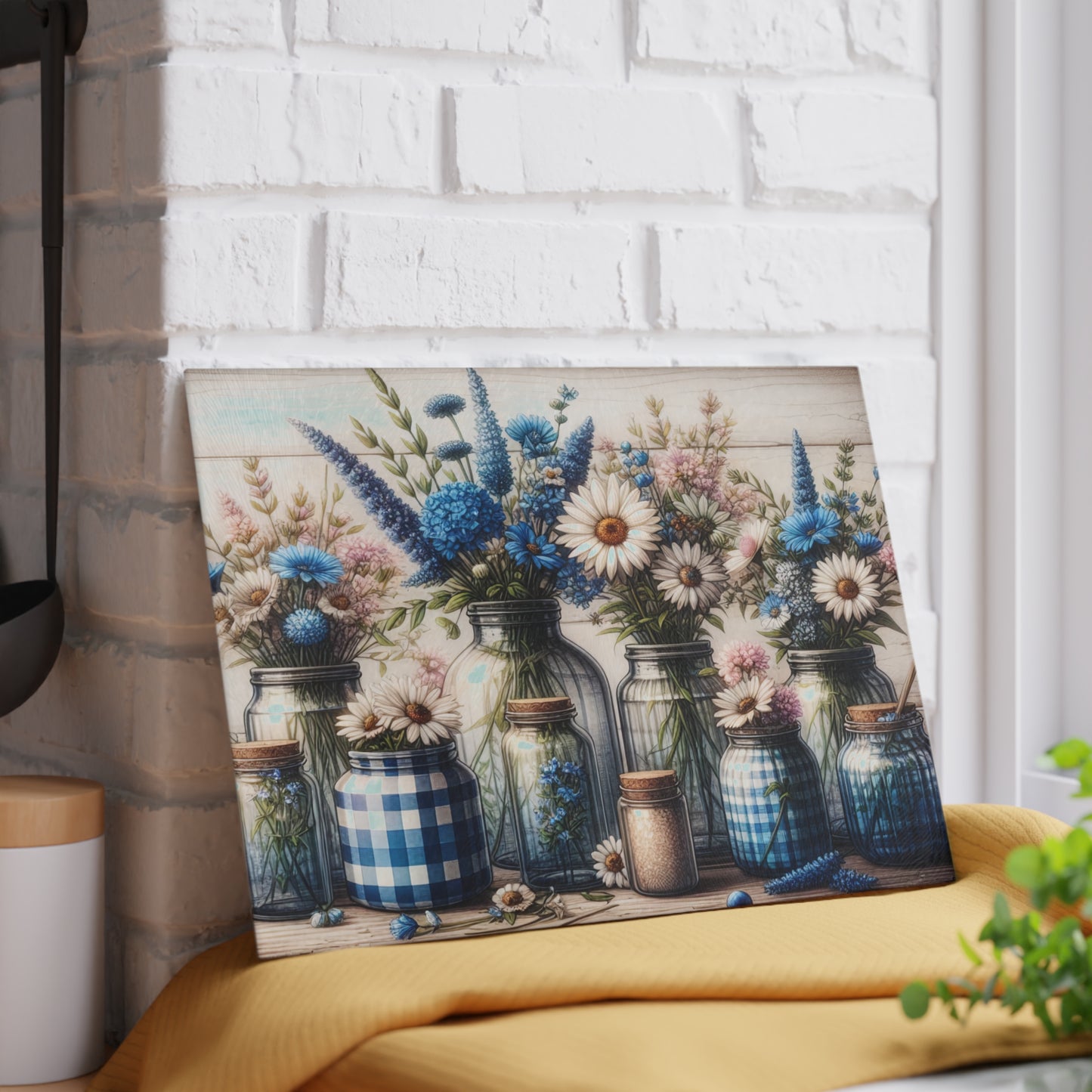 💙🌼 Blue Gingham Wildflower Mason Jar Cutting Board – Rustic Farmhouse Kitchen Charm 🌿✨