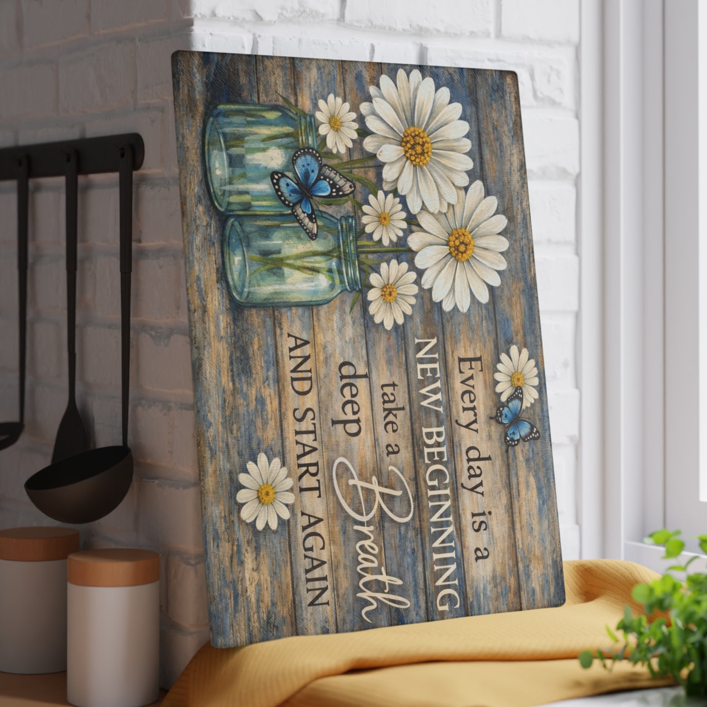 Every Day Is a New Beginning Glass Cutting Board – Daisy and Butterfly Inspirational Kitchen Art