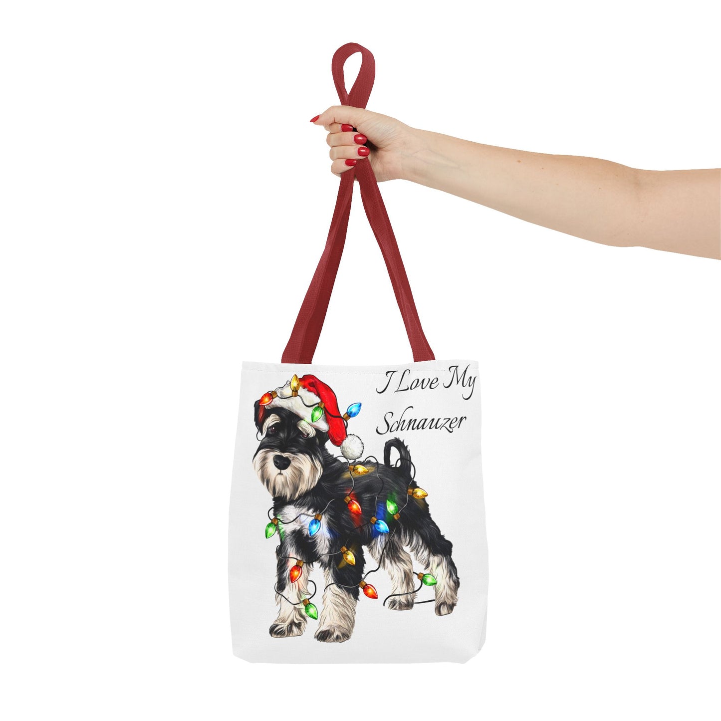🎄 I Love My Schnauzer Tote Bag – Christmas Lights & Holiday Woofs 🐾