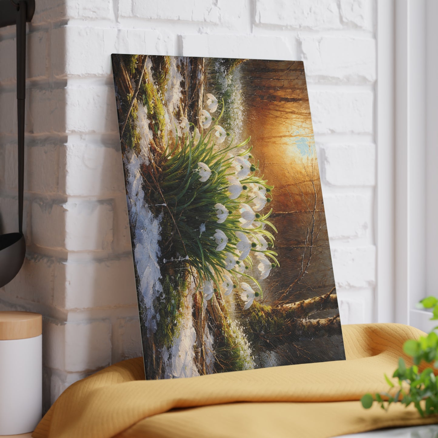 Snowdrops in Winter Forest Glass Cutting Board – Early Spring Botanical Nature Art