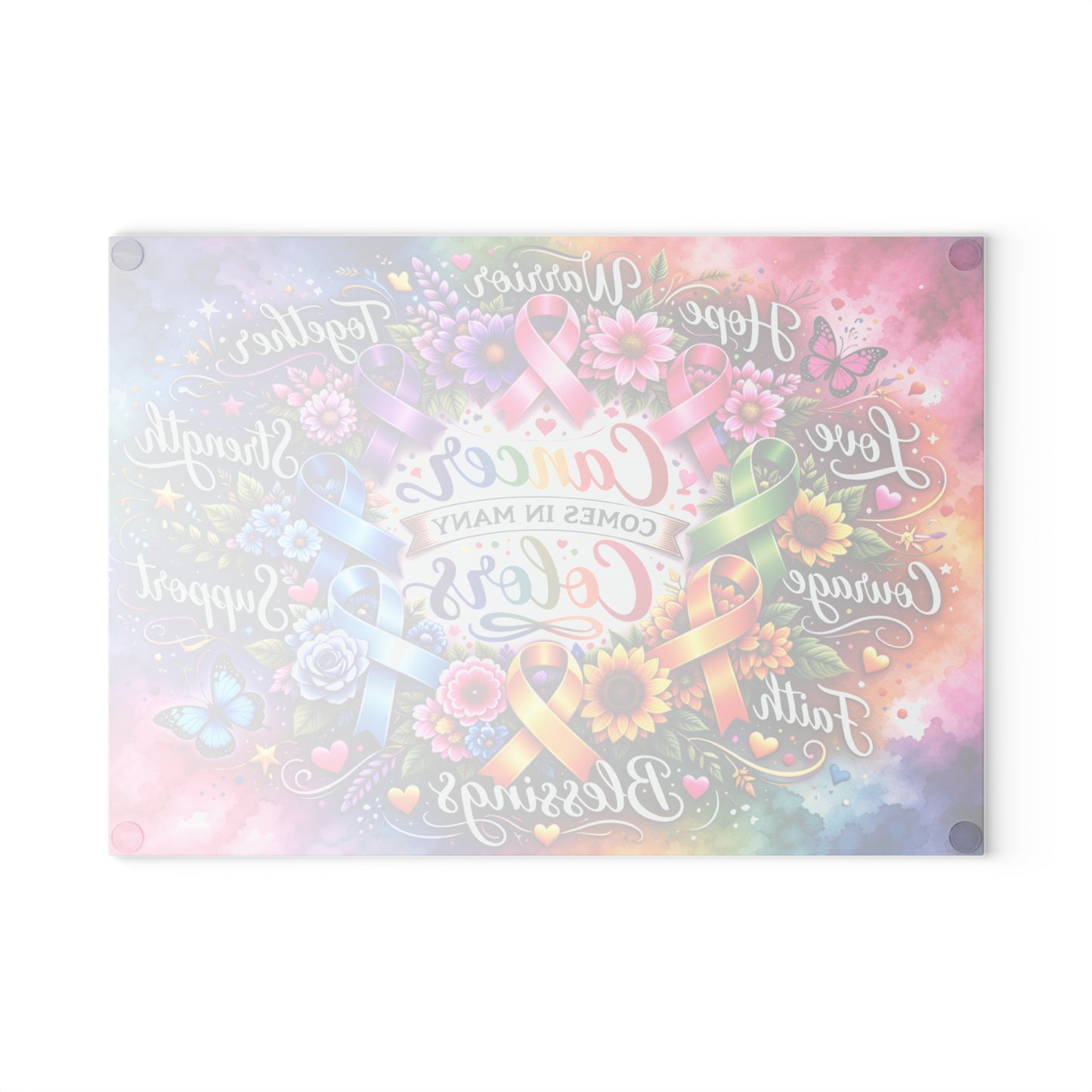 Cancer Comes in Many Colors Glass Cutting Board – Awareness Ribbon Floral Artwork