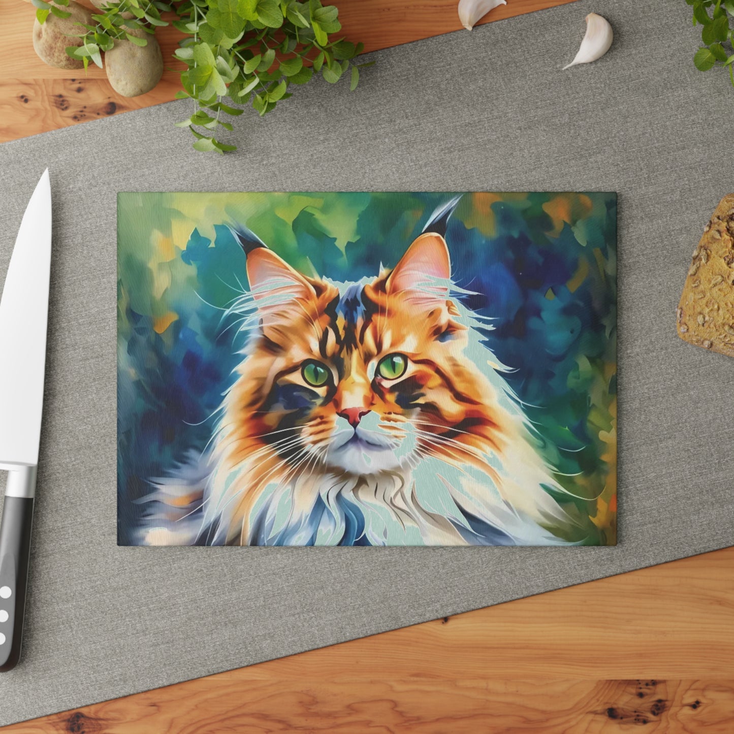 Green-Eyed Maine Coon Forest Cat Cutting Board – Fierce Feline Charm for Nature-Loving Kitchens